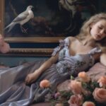 Parfume campaign, dusted pastel colours, woman in dress, flowers, in the livingr...