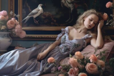 Parfume campaign, dusted pastel colours, woman in dress, flowers, in the livingr...