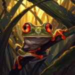 Very friendly frog with happy red eyes in the jungle hiding behind leafes, in th...