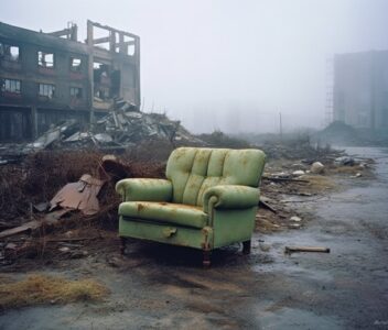 Abandoned wooden furniture at an abandoned industrial site, kiev, in the style o...