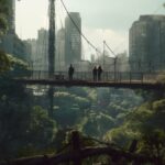 An emotional film still of a moment between characters on rope bridges leading b...