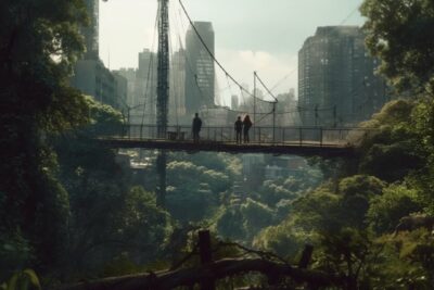 An emotional film still of a moment between characters on rope bridges leading b...