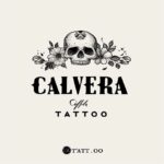 tattoo studio logo, simple, minimalist and flat, black and white, with "CALAVERA...