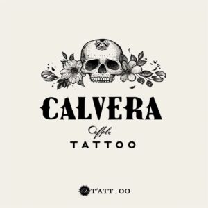 tattoo studio logo, simple, minimalist and flat, black and white, with "CALAVERA...