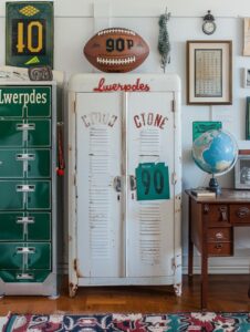 A white school locker with the words "Lwerpdes" and elements of college football...