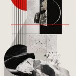 poster design, composition of shapes and forms in red black white grey with geom...