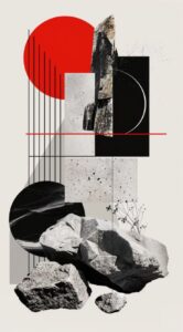 poster design, composition of shapes and forms in red black white grey with geom...