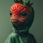 A portrait of someone wearing a strawberry head, cute black eyes, and a green bo...