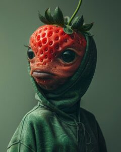 A portrait of someone wearing a strawberry head, cute black eyes, and a green bo...