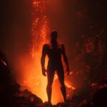 Humanoid grown from molten lava and obsidian, man on fire, inside a fiery cave o...