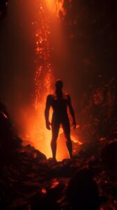Humanoid grown from molten lava and obsidian, man on fire, inside a fiery cave o...