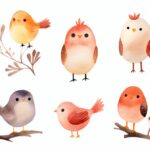 several watercolor paintings with birds and leaves, in the style of cute cartoon...