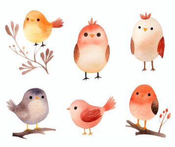 several watercolor paintings with birds and leaves, in the style of cute cartoon...