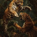 full body, two jaguars battling, jungle scene, photo realism, bright and high co...