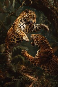 full body, two jaguars battling, jungle scene, photo realism, bright and high co...