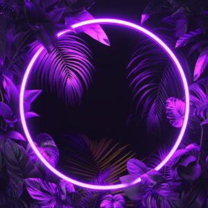 Purple circular neon light with tropical leaves generative ai, vibrant, hd, 4k, ...