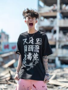 Photograph of Gen Z millennial 13 years old teenager guy screaming high, wearing...