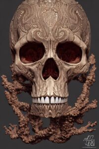 Lexica SDCoral filament ornate skull in ancient tomb, au naturel, art deco, symm...