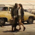 Two people walking by a car in a parking lot, in the style of heather theurer, d...