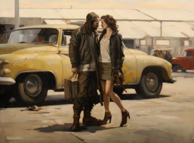 Two people walking by a car in a parking lot, in the style of heather theurer, d...