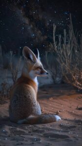 Fennec fox sits quietly in the desert at night, looking at the stars. --no "very...