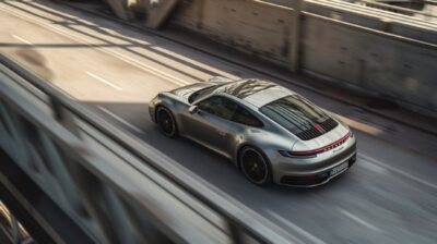 a commercial photo of a silver porsche 992 driving in a tunnel in an urban envir...