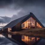 a magazine quality photo of a scandinavian style black minimalistic house, natur...