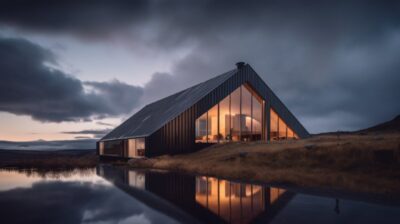 a magazine quality photo of a scandinavian style black minimalistic house, natur...