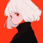 A very cute girl, close - up, white hair, black eyes, Disney style, red backgrou...