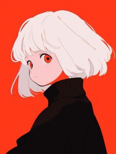 A very cute girl, close - up, white hair, black eyes, Disney style, red backgrou...