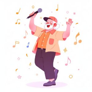 A older male, full body, singing a song, simple, white background, colorful illu...