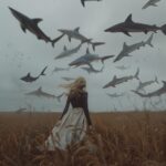 photo of a woman walking through a field, the woman is surrounded by floating th...