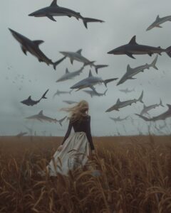photo of a woman walking through a field, the woman is surrounded by floating th...