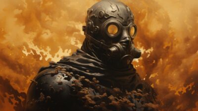 Inferno Cop, by Yoann Lossel, burnt umber smoky mists, 3d collage, layered scene...