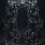 A group of mysterious statues in an underground cave, in the style of surreal 3d...