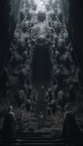 A group of mysterious statues in an underground cave, in the style of surreal 3d...