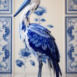 A white stork sculpture on a flooring made by Blue and white porcelain, in the s...