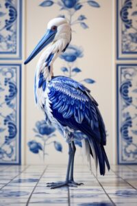 A white stork sculpture on a flooring made by Blue and white porcelain, in the s...