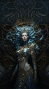 The goddess of time and space, highly detailed face, full body, iridescent color...