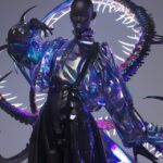 Hyper realistic black woman wearing streetwear futuristic clothing made of refle...