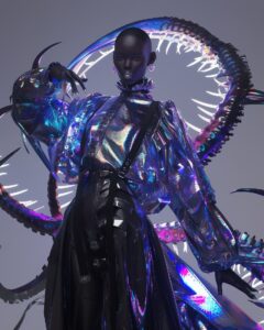 Hyper realistic black woman wearing streetwear futuristic clothing made of refle...