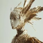 female robot, a haute couture garment made of gold filigree, a cutout design, a ...