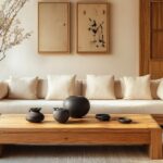 Wabi-sabi style interior design, solid wood furniture, sofa, coffee table, tea c...