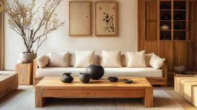 Wabi-sabi style interior design, solid wood furniture, sofa, coffee table, tea c...