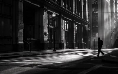 A solitary pedestrian traversing the black and white city streets, with building...