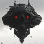 a massive ominous black techno flying fortress shaped like a skull hovering abov...