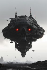 a massive ominous black techno flying fortress shaped like a skull hovering abov...