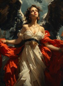 a painting of angels battling with giant eagles, in the style of exquisite cloth...