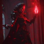 A witch vampire with a crystal dagger casting a spell, rendered in the style of ...