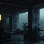 noir majestic view of an inside a penthouse apartment with a grand view, in a dy...